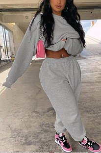 Gray Casual Pure Color Long Sleeve Round Neck Jumper Sweat Pants Loose Sets LML267-2