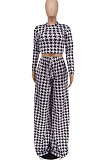 Black Wholesale Newest Plaid Print Long Sleeve O Neck Crop Tops Wide Leg Pants Fashion Sets ZDD31165-2