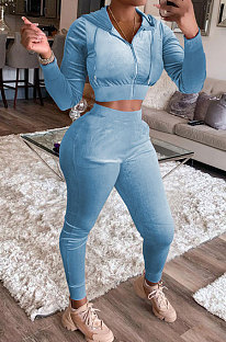 Sky Blue Wholesale Women Velvet Long Sleeve Zip Front Hoodie Pencil Pants Slim Fitting Sport Sets YYF8250-3
