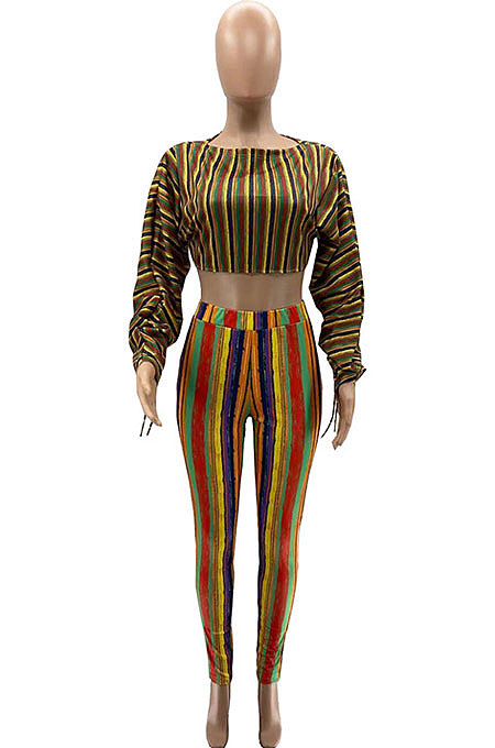 Lake Blue Casual Digital Stripe Printing Arm Drawsting Long Sleeve Round Collar Crop Tops Pencil Pants Two-Piece SZS8175-1