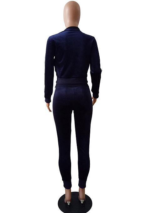 Wine Red Casual Modest Velvet Side Strip Spliced Long Sleeve Zip Front Hoodie Bodycon Pants Sport Sets LS6475-1