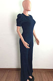 Blue Modest Newest Puff Sleeve Round Neck Backless Zipper Collect Waist Jean Wide Leg Jumpsuits LA3289