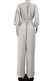Beige Women Cotton Blend Ruffle Condole Belt Bandage Pure Color Wide Leg Pants Two-Pieces GL6511-7