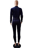 Black Casual Modest Velvet Side Strip Spliced Long Sleeve Zip Front Hoodie Bodycon Pants Sport Sets LS6475-3