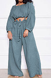 Beige Women Cotton Blend Ruffle Condole Belt Bandage Pure Color Wide Leg Pants Two-Pieces GL6511-7