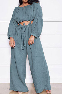 Blue Gray Women Cotton Blend Ruffle Condole Belt Bandage Pure Color Wide Leg Pants Two-Pieces GL6511-6