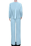 Sky Blue Women Irregular Tops Flounce Zipper Pocket Pure Color Straight Leg Pants Two-Pieces GL6509-1