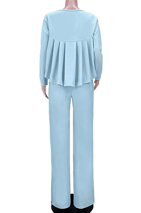 Sky Blue Women Irregular Tops Flounce Zipper Pocket Pure Color Straight Leg Pants Two-Pieces GL6509-1