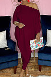 Wine Red Losse Pure Color Inclined Shoulder Casual Spring Autumn Two Piece QSS51021-6