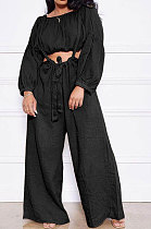 Black Women Cotton Blend Ruffle Condole Belt Bandage Pure Color Wide Leg Pants Two-Pieces GL6511-3