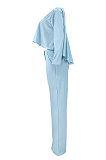 Sky Blue Women Irregular Tops Flounce Zipper Pocket Pure Color Straight Leg Pants Two-Pieces GL6509-1