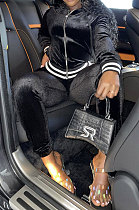 Black Wholesale Women Velvet Webbint Spliced Long Sleeve Hoodie Bodycon Pants Casual Sport Sets LML271-5