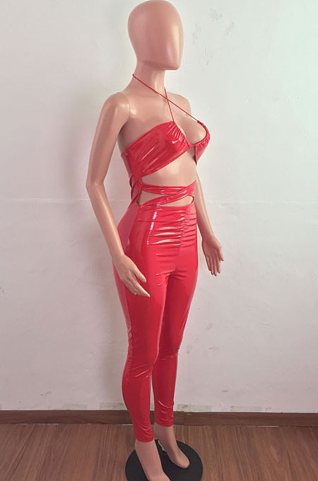 Blue Sexy Personality PU Leatter Sleeveless Halter Neck Hollow Out Slim Fitting Strapless Jumpsuits LA3294-2