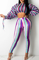 Purple Casual Digital Stripe Printing Arm Drawsting Long Sleeve Round Collar Crop Tops Pencil Pants Two-Piece SZS8175-3