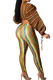 Lake Blue Casual Digital Stripe Printing Arm Drawsting Long Sleeve Round Collar Crop Tops Pencil Pants Two-Piece SZS8175-1