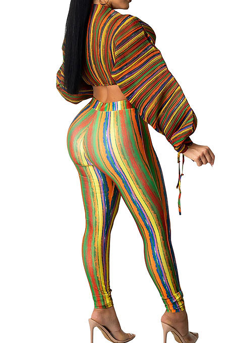 Lake Blue Casual Digital Stripe Printing Arm Drawsting Long Sleeve Round Collar Crop Tops Pencil Pants Two-Piece SZS8175-1
