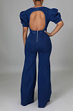 Blue Modest Newest Puff Sleeve Round Neck Backless Zipper Collect Waist Jean Wide Leg Jumpsuits LA3289