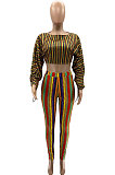 Yellow Casual Digital Stripe Printing Arm Drawsting Long Sleeve Round Collar Crop Tops Pencil Pants Two-Piece SZS8175-2