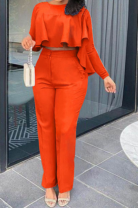 Black Women Irregular Tops Flounce Zipper Pocket Pure Color Straight Leg Pants Two-Pieces GL6509-4