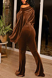 Coffee Women Solid Color Pullover Velvet A Word Shoulder Lantern Sleeve Pocket Flare Leg Pants Sets GL6517-4