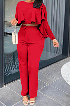 Red Women Irregular Tops Flounce Zipper Pocket Pure Color Straight Leg Pants Two-Pieces GL6509-3