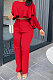Red Women Irregular Tops Flounce Zipper Pocket Pure Color Straight Leg Pants Two-Pieces GL6509-3