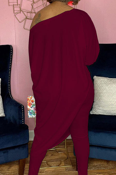 Wine Red Losse Pure Color Inclined Shoulder Casual Spring Autumn Two Piece QSS51021-6