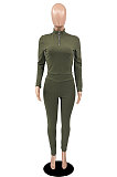 Khaki New Wholesale Ribber Long Sleeve Zip Front T-Shirts Pencil Pants Slim Fitting Two-Piece DR88130-4