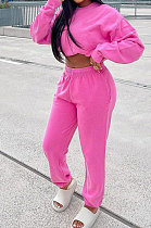 Rose Red Casual Pure Color Long Sleeve Round Neck Jumper Sweat Pants Loose Sets LML267-3