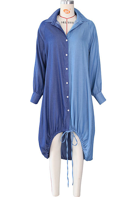 Black Autumn Winter Loose Spliced Long Sleeve Lapel Neck Single-Breated Jean Shirt Dress ZS0422-2