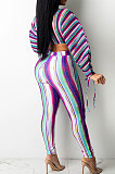 Lake Blue Casual Digital Stripe Printing Arm Drawsting Long Sleeve Round Collar Crop Tops Pencil Pants Two-Piece SZS8175-1