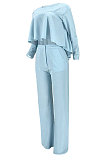 Sky Blue Women Irregular Tops Flounce Zipper Pocket Pure Color Straight Leg Pants Two-Pieces GL6509-1