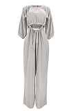 Beige Women Cotton Blend Ruffle Condole Belt Bandage Pure Color Wide Leg Pants Two-Pieces GL6511-7