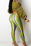 Lake Blue Casual Digital Stripe Printing Arm Drawsting Long Sleeve Round Collar Crop Tops Pencil Pants Two-Piece SZS8175-1