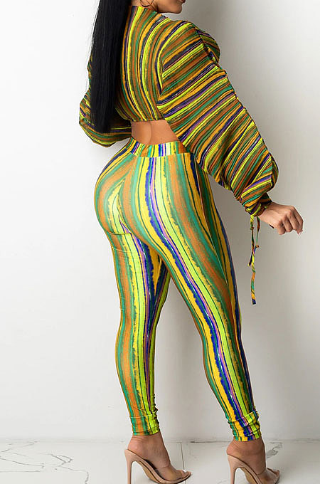 Lake Blue Casual Digital Stripe Printing Arm Drawsting Long Sleeve Round Collar Crop Tops Pencil Pants Two-Piece SZS8175-1