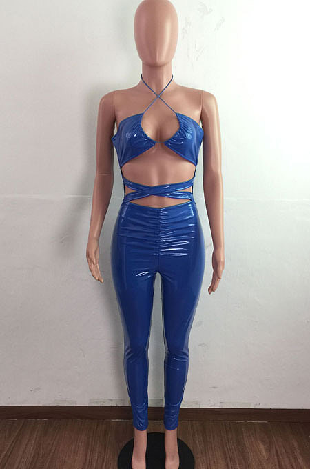 Black Sexy Personality PU Leatter Sleeveless Halter Neck Hollow Out Slim Fitting Strapless Jumpsuits LA3294-1