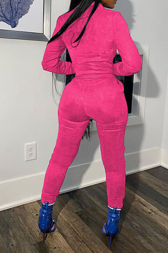 Rose Red Cotton Blend Casual Long Sleeve Stand Neck Zip Front Coat Bodycon Pants Elastic Sport Sets YYF8252-4