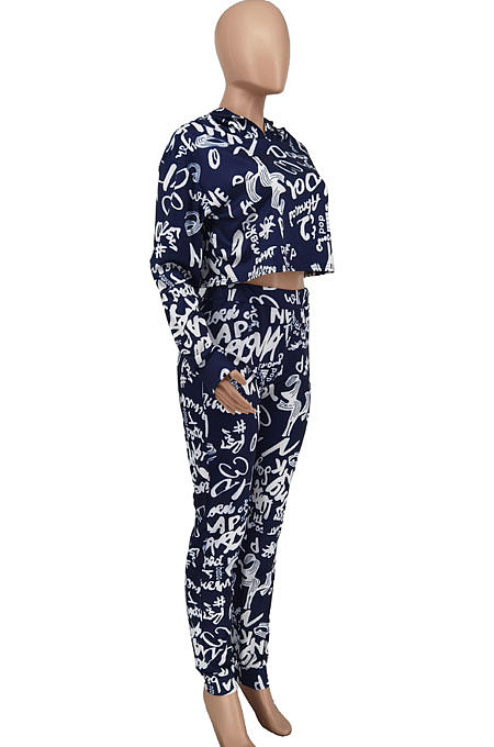Navy Blue Personality Print Long Sleeve Loose Hoodie Bodycon Pants Modest Sets ZDD31166