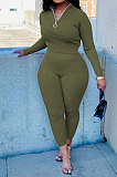 Red New Wholesale Ribber Long Sleeve Zip Front T-Shirts Pencil Pants Slim Fitting Two-Piece DR88130-1