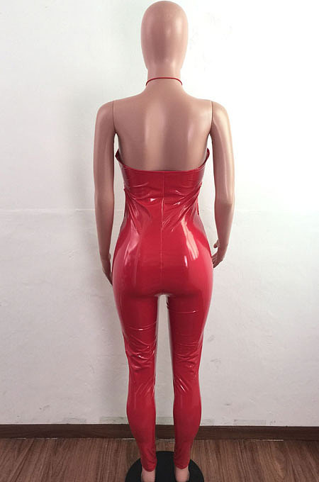 Black Sexy Personality PU Leatter Sleeveless Halter Neck Hollow Out Slim Fitting Strapless Jumpsuits LA3294-1