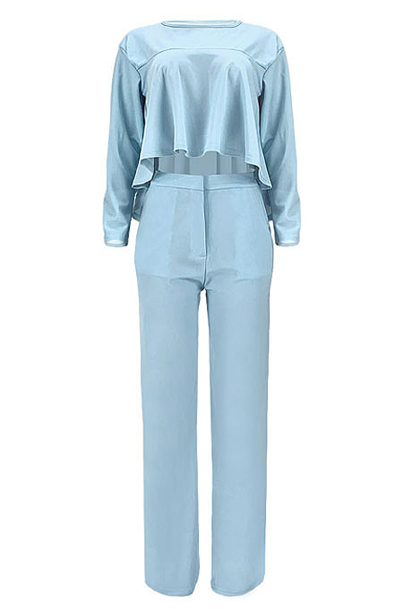 Black Women Irregular Tops Flounce Zipper Pocket Pure Color Straight Leg Pants Two-Pieces GL6509-4