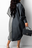 Red Autumn Winter Loose Spliced Long Sleeve Lapel Neck Single-Breated Jean Shirt Dress ZS0422-1