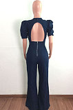 Blue Modest Newest Puff Sleeve Round Neck Backless Zipper Collect Waist Jean Wide Leg Jumpsuits LA3289