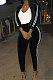 Black Casual Modest Velvet Side Strip Spliced Long Sleeve Zip Front Hoodie Bodycon Pants Sport Sets LS6475-3