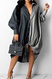 Red Autumn Winter Loose Spliced Long Sleeve Lapel Neck Single-Breated Jean Shirt Dress ZS0422-1