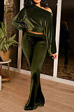 Coffee Women Solid Color Pullover Velvet A Word Shoulder Lantern Sleeve Pocket Flare Leg Pants Sets GL6517-4