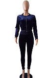 Wine Red Casual Modest Velvet Side Strip Spliced Long Sleeve Zip Front Hoodie Bodycon Pants Sport Sets LS6475-1