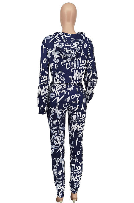 Navy Blue Personality Print Long Sleeve Loose Hoodie Bodycon Pants Modest Sets ZDD31166