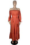 Orange  Fashion A Wrod Shoulder Long Sleeve Collect Waist Swing Solid Color With Beltband  Dress LS6468 