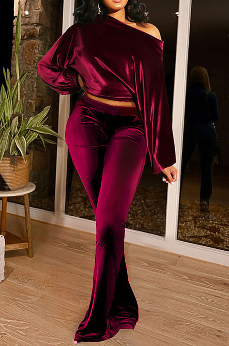 Black Women Solid Color Pullover Velvet A Word Shoulder Lantern Sleeve Pocket Flare Leg Pants Sets GL6517-3